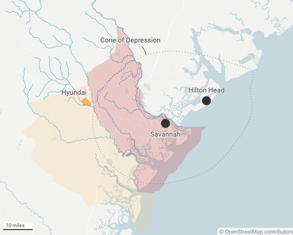 Inside the "Cone of Depression," water pressure in the aquifer is lower than before development because of heavy use in Savannah and South Carolina. That low pressure pulls salt water into the aquifer. (Datawrapper)