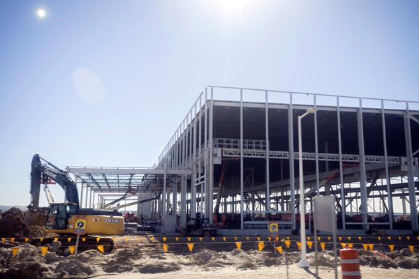 ELLABELL, GA - FEBRUARY 08, 2024: Contractors work on the Hyundai Motor Group Metaplant America, Thursday, Feb. 8, 2024, Ellabell, Ga. The electric vehicle plant will hire more than 8,000 workers. (AJC Photo/Stephen B. Morton)