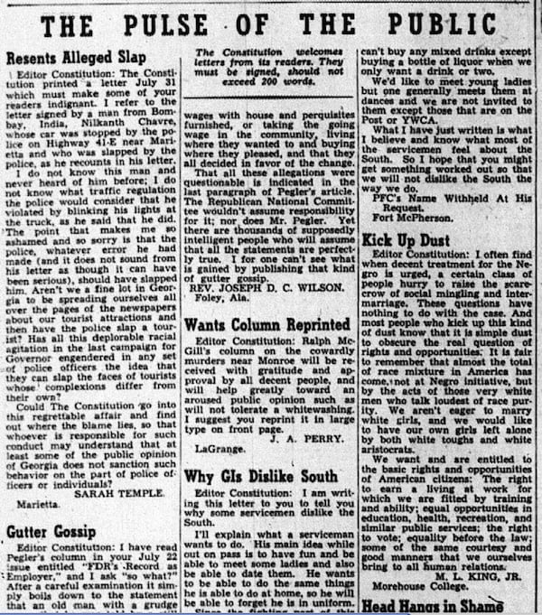 The Atlanta Constitution’s “Pulse of the Public” (letters to the editor) column on Aug. 6, 1946. (From Journal-Constitution files)