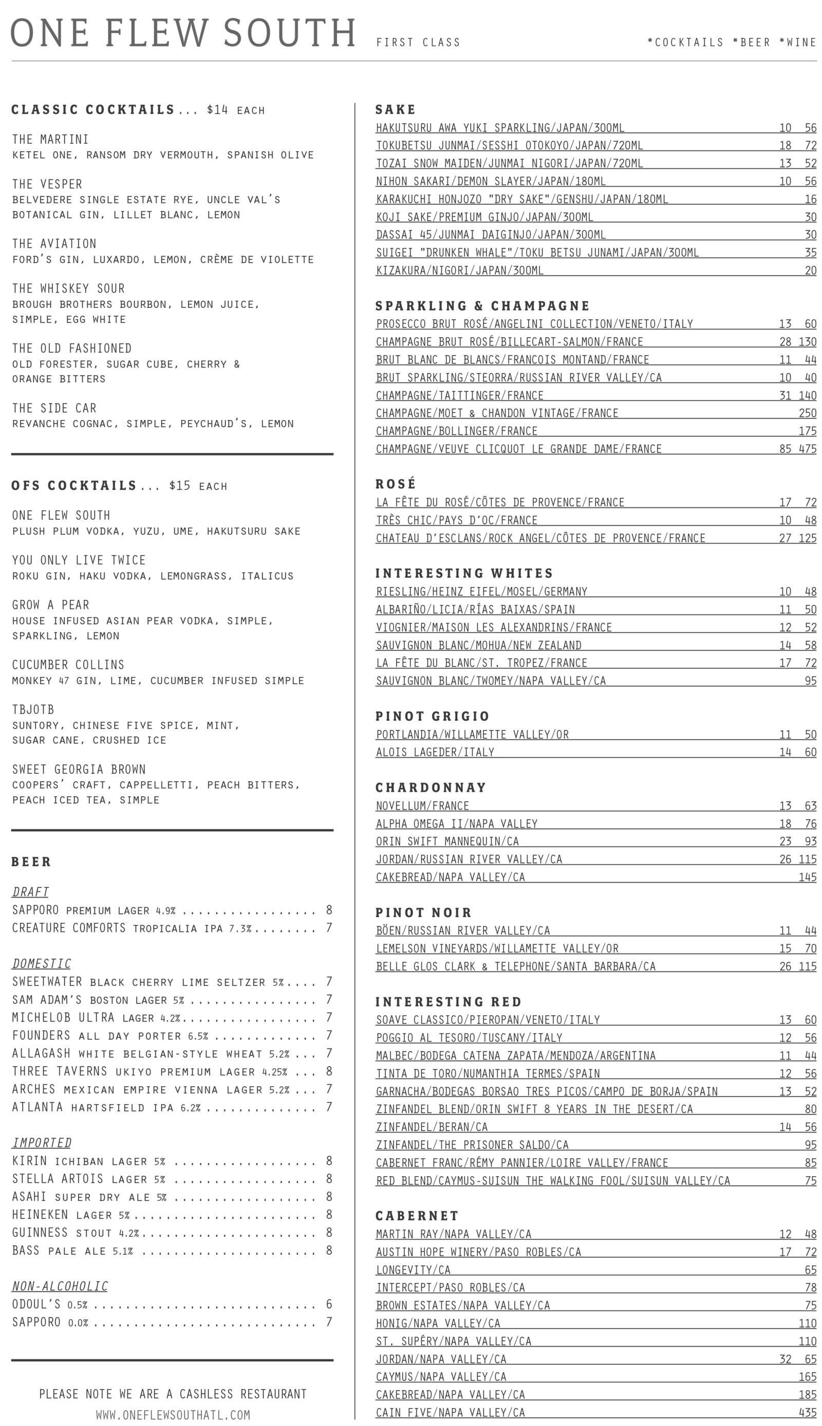 Menu for One Flew South