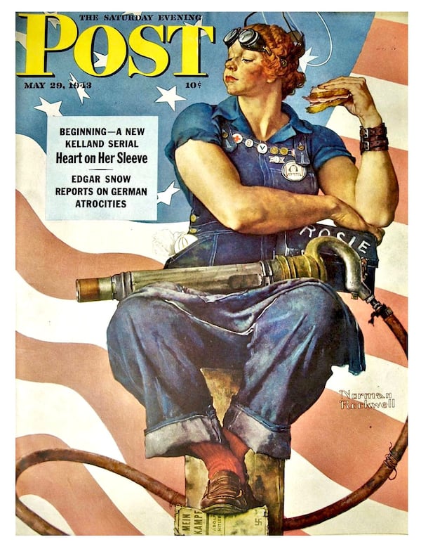 During World War II, the painting by Norman Rockwell of Rosie the Riveter, holding a sandwich, was more famous than the poster painted by J. Howard Miller, left. Miller's "Rosie" is now iconic. Saturday Evening Post