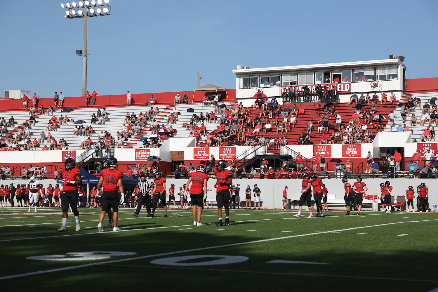 Cherokee football players line up to kick off the ball after a field goal by Cherokee in the first half of the Cherokee game against Carver-Atlanta at Cherokee at Cherokee high school Wednesday, September 2, 2020 in Canton, Ga.. JASON GETZ FOR THE ATLANTA JOURNAL-CONSTITUTION