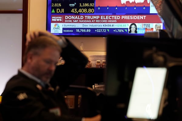 A television screen on the floor of the New York Stock Exchange displays results of the Presidential election, Wednesday, Nov. 6, 2024. (AP Photo/Richard Drew)