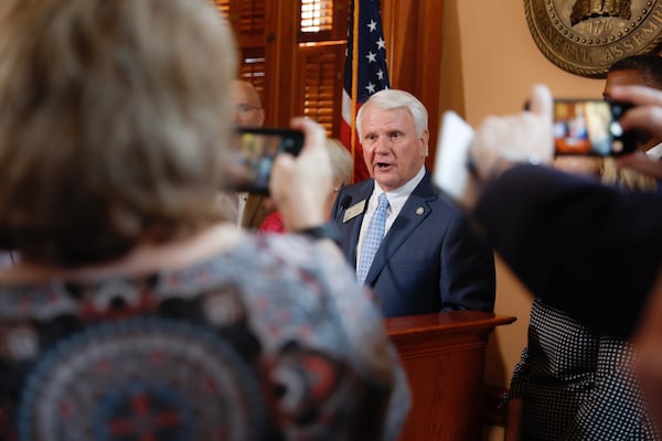 Georgia House Speaker Jon Burns joined Gov. Brian Kemp and Lt. Gov. Burt Jones on Thursday in announcing a yearlong review of special-interest tax breaks, In making the announcement, Burns said, “It is incumbent on us to ensure our tax credits continue to provide good value while keeping the tax burden on all Georgians as low as possible.” (Natrice Miller/ natrice.miller@ajc.com)