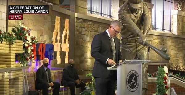 Chipper Jones speaks at the memorial service for Hank Aaron at Truist Park on Tues, Jan. 26 2021. Credit MLB