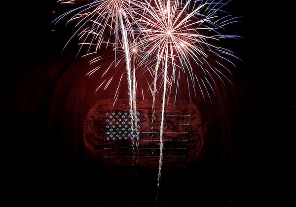 Fireworks are displayed at Stone Mountain Park on Thursday, July 1, 2021. A fireworks and laser show display goes through July 5 at the park in celebration of Independence Day. (Christine Tannous / christine.tannous@ajc.com)