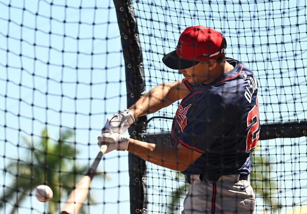 Atlanta Braves first baseman Matt Olson takes batting practice during the first full-squad spring training workout at CoolToday Park, Tuesday, February, 20, 2024, in North Port, Florida. (Hyosub Shin / Hyosub.Shin@ajc.com)