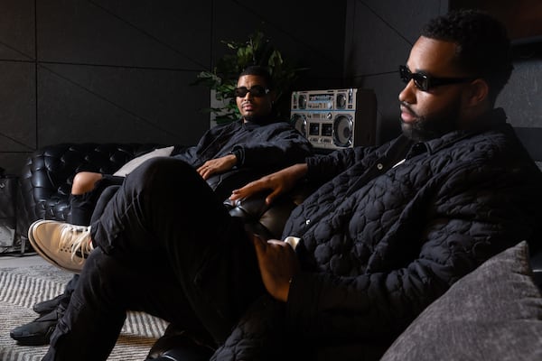 (L-R) Brothers Ameer and Tony Brown, co-founders of startup Breakr, pose for a portrait at Reach Records in Atlanta on Thursday, October 10, 2024. (Arvin Temkar / AJC)