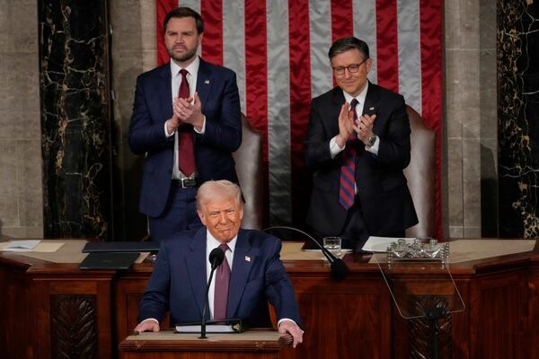 President Donald Trump addresses a joint session of Congress in the House chamber at the U.S. Capitol in Washington, Tuesday, March 4, 2025, as Vice President JD Vance and House Speaker Mike Johnson of La., applaud. (AP Photo/Julia Demaree Nikhinson)