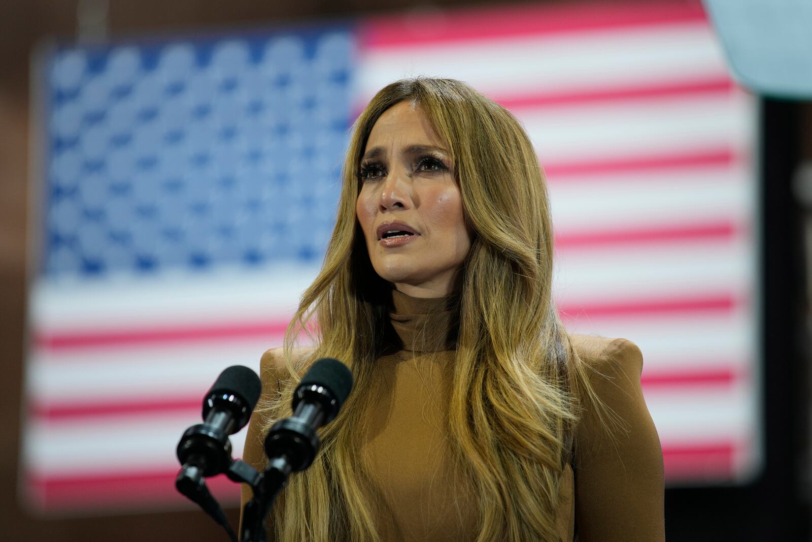 Jennifer Lopez speaks ahead of Democratic presidential nominee Vice President Kamala Harris at a campaign rally Thursday, Oct. 31, 2024, in North Las Vegas, Nev. (AP Photo/John Locher)