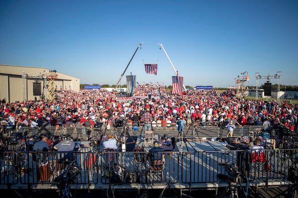 10/16/2020 -Macon, Georgia - A crowd gathers during a President Donald Trump rally at Middle Georgia Regional Airport in Macon, Friday, October 16, 2020.  (Alyssa Pointer / Alyssa.Pointer@ajc.com)