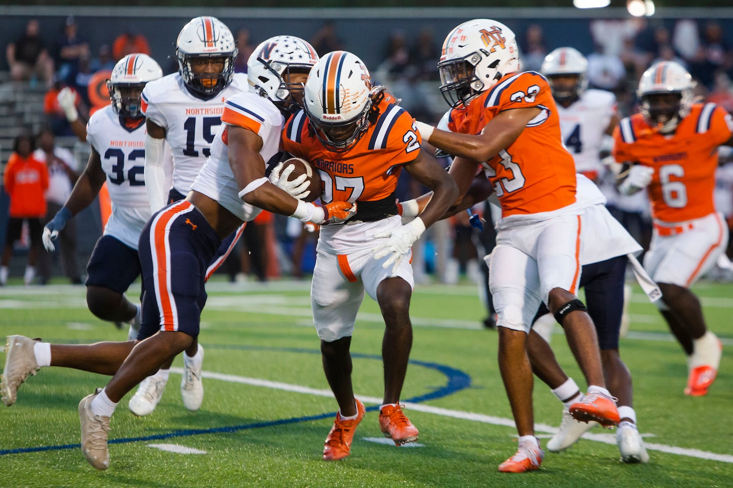 Yasin Muhammad, wide receiver for North Cobb, runs the ball during the North Cobb vs. Northview high school football game on Friday, September 16, 2022, in Kennesaw, Georgia. North Cobb led Northview 14-7 at the half. CHRISTINA MATACOTTA FOR THE ATLANTA JOURNAL-CONSTITUTION.