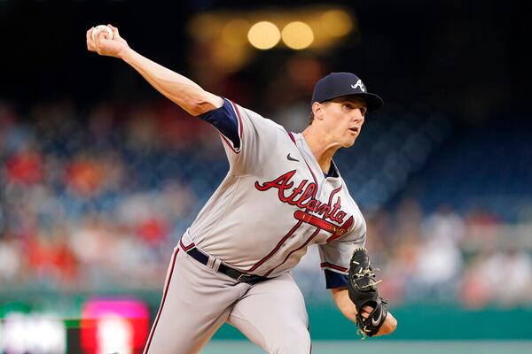 Atlanta Braves starting pitcher Kyle Wright throws to the Washington Nationals in the first inning of a baseball game, Thursday, July 14, 2022, in Washington. (AP Photo/Patrick Semansky)