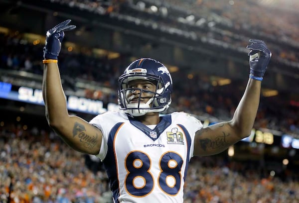 Denver Broncos' Demaryius Thomas (88) celebrates as the clock winds down in the second half of the NFL Super Bowl 50 football game against the Carolina Panthers, Sunday, Feb. 7, 2016, in Santa Clara, Calif. The Broncos defeated the Panthers 24-10. (AP Photo/Ben Margot)