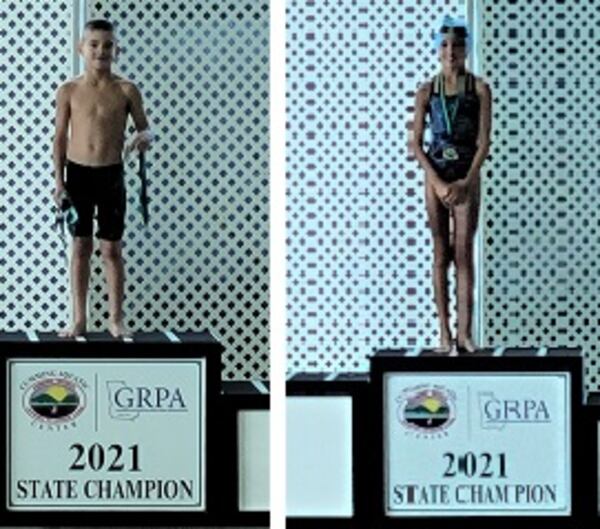 Two of the 57 swimmers from Cherokee County who qualified to participate in the Georgia Recreation and Parks Association Class A State Meet in July returned home as state champions.Cal Wiley secured a first-place win and a personal record of 16.99 in the Boys 8U 25-yard Fly event, and Genevieve McKinley earned first place and a personal record of 17.35 in the Girls 10U 25-yard Breaststroke event.