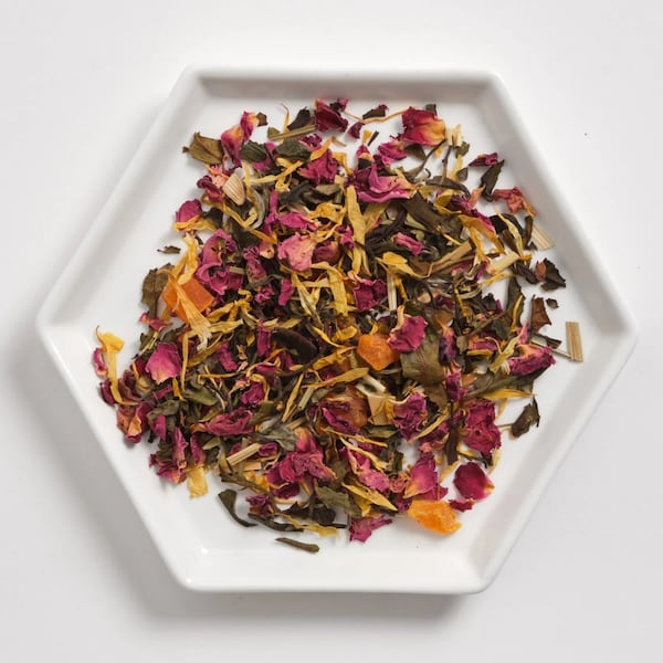 Loose leaf Mango Rose tea, available at Atlanta's Just Add Honey Tea Company.