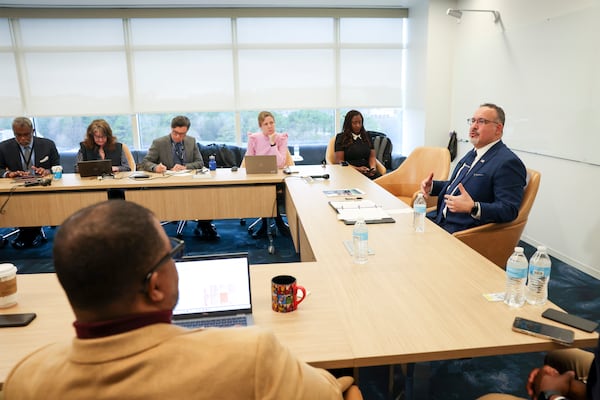 U.S. Secretary of Education Miguel Cardona discussed an array of topics with AJC reporters and editors at Cox Headquarters, Tuesday, Jan. 16, 2024, in Atlanta. (Jason Getz / Jason.Getz@ajc.com)