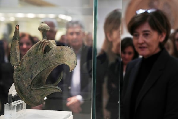 The head of a griffin, that was repatriated from New York's Metropolitan Museum of Art, is displayed at the Archaeological Museum of Olympia in Ancient Olympia, Greece, on Friday, March 21, 2025. (AP Photo/Thanassis Stavrakis)