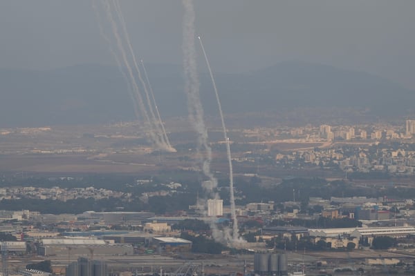 Israeli Iron Dome air defense system fires to intercept rockets that were launched from Lebanon, as seen from Haifa, northern Israel, on Monday, Nov. 11, 2024. (AP Photo/Francisco Seco)