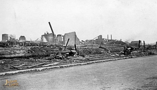 This photo provided by the Jackson County (Ill.) Historical Society shows the Mobile and Ohio rail yard shops in Murphysboro, Ill., after a tornado tore through Indiana, Illinois, and Missouri in March 1925. (Jackson County (Ill.) Historical Society via AP)