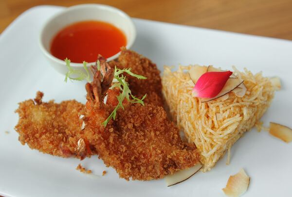 Butterfly Coconut Shrimp served with crispy rice noodles and sweet chili sauce. (BECKY STEIN PHOTOGRAPHY)