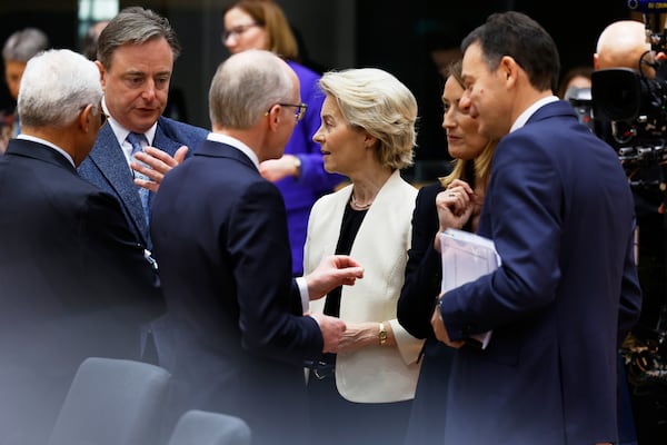 From left, European Council President Antonio Costa, Belgium's Prime Minister Bart De Wever, Luxembourg's Prime Minister Luc Frieden, European Commission President Ursula von der Leyen, European Parliament President Roberta Metsola and Portugal's Prime Minister Luis Montenegro during a round table meeting at an EU Summit in Brussels, Thursday, March 6, 2025. (AP Photo/Geert Vanden Wijngaert)