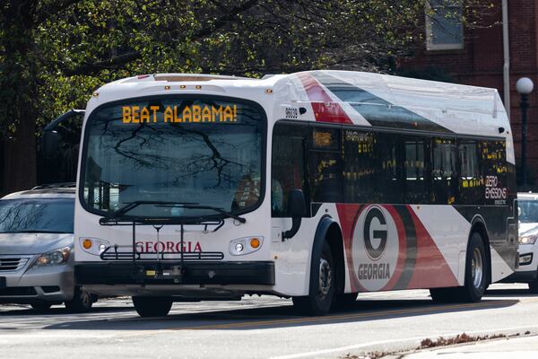 A bus at the University of Georgia displays a message supporting the school’s football team on Jan. 7, 2021, in Athens. (Nathan Posner for The Atlanta Journal-Constitution)