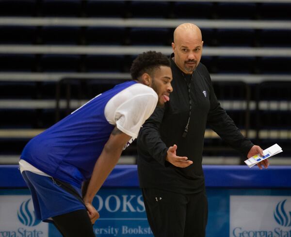 Head coach Rob Lanier talks to Damon Wilson at practice during media day Wednesday at the Georgia State Sports Arena, October  30, 2019.   STEVE SCHAEFER / SPECIAL TO THE AJC