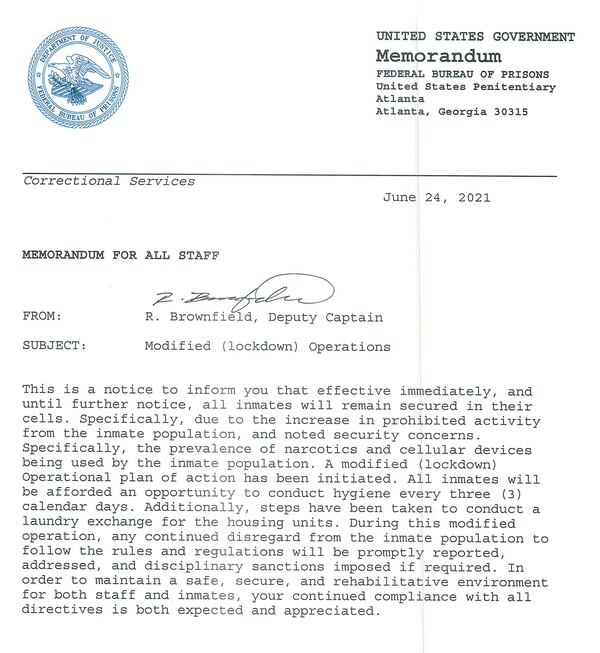 This memo dated June 24, 2021, details modified lockdown procedures at the U.S. Penitentiary in Atlanta and cites widespread use of drugs and cellphones by the inmates.