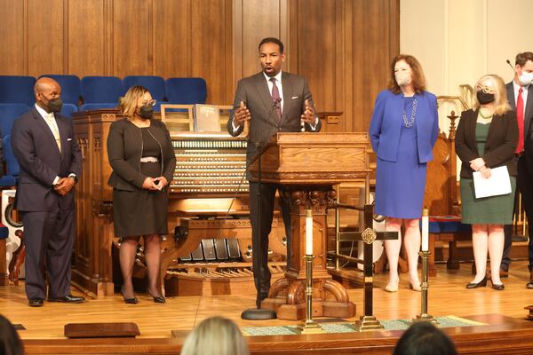 Atlanta Mayor Andre Dickens addressed plans to build 1,000 affordable housing units over the next five years in partnership with Wells Fargo and several faith-based organizations. Wednesday, February 23, 2022. Miguel Martinez for The Atlanta Journal-Constitution 
