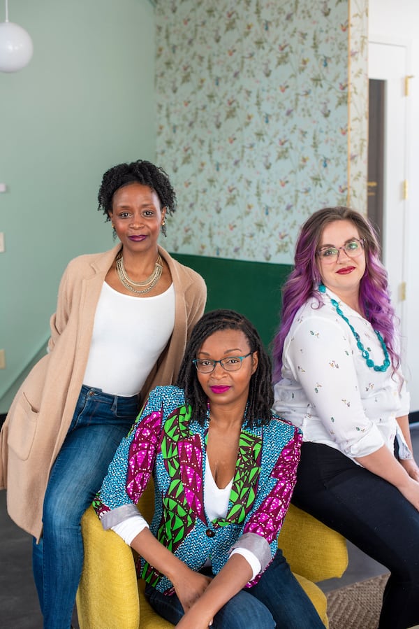 Rori Robinson, Keyatta Mincey Jones and Stephanie Saputo run the nonprofit A Sip of Paradise community garden, which became a place of refuge for Atlanta bartenders during the pandemic. Courtesy of Rori Robinson