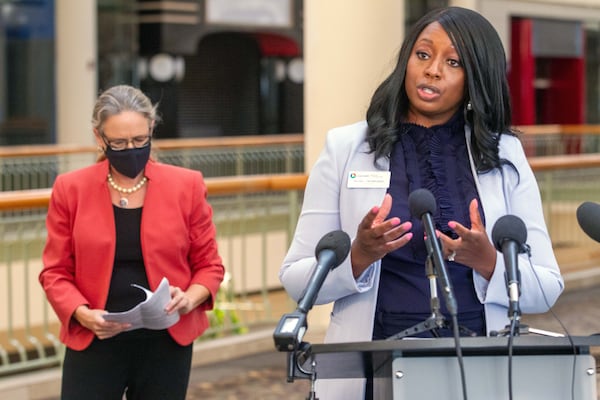 Gwinnett County Commission Chairwoman Nicole Love Hendrickson talks during a press conference at the mostly vacant Gwinnett Place Mall in Duluth Wednesday, August 18, 2021.  STEVE SCHAEFER FOR THE ATLANTA JOURNAL-CONSTITUTION