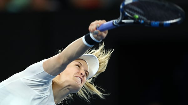 Eugenie Bouchard of Canada serves in her third round match against Coco Vandeweghe on day five of the 2017 Australian Open at Melbourne Park on Jan.  20, 2017 in Melbourne, Australia.