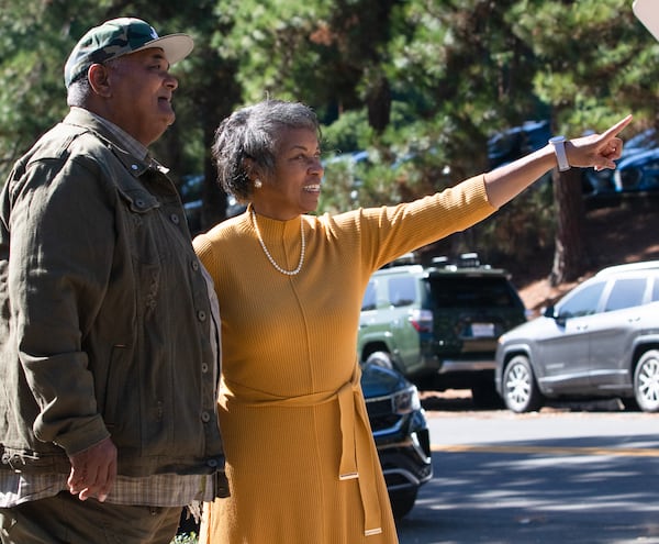 October 18, 2021 - Athens Clarke County - Hattie Whitehead points as Bobby Crook looks to an area on the University of Georgia campus on Monday, Oct. 18, 2021. This part of campus was once a neighborhood called Linnentown, of which Whitehead and Crook are former residents. 
(Sarah White for the Atlanta Journal Constitution)