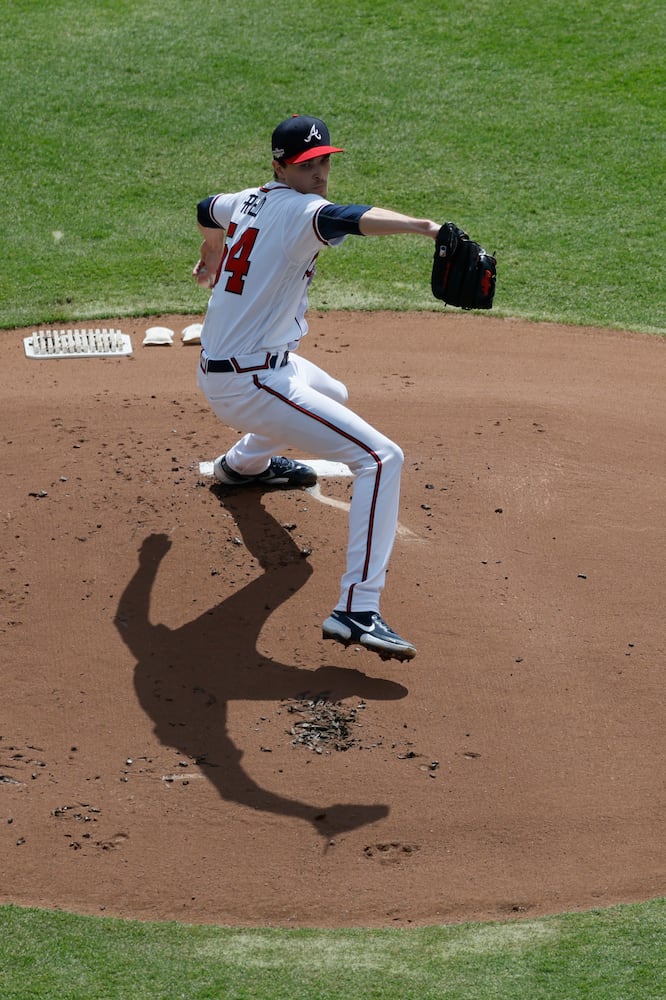 Atlanta Braves starting pitcher Max Fried delivers during the first inning of game one of the baseball playoff series between the Braves and the Phillies at Truist Park in Atlanta on Tuesday, October 11, 2022. (Jason Getz / Jason.Getz@ajc.com)