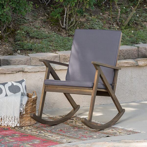 The Christopher Knight Home Acacia Wood Rocker is made of sustainable acacia wood and comes with weather resistant cushions. 