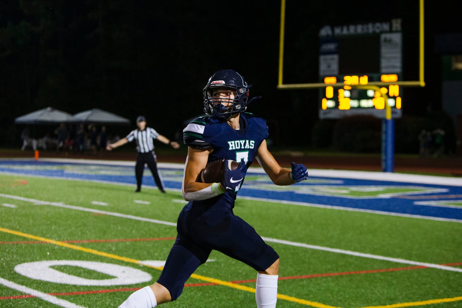 Brady Kluse, wide receiver for Harrison, runs toward the endzone during the Harrison vs. Pebblebrook high school football game on Friday, September 23, 2022, at Harrison high school in Kennesaw, Georgia. Pebblebrook defeated Harrison 31-14. CHRISTINA MATACOTTA FOR THE ATLANTA JOURNAL-CONSTITUTION.