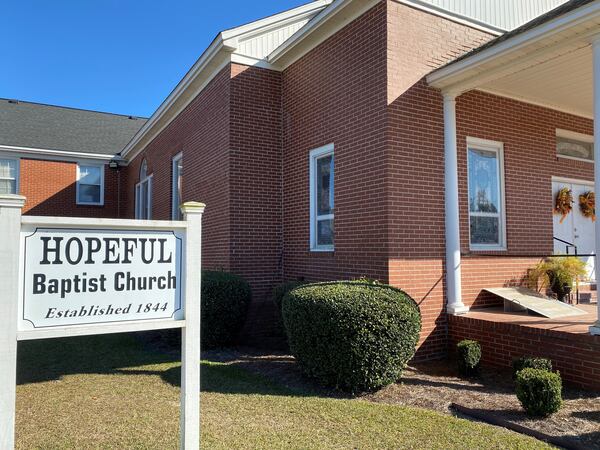 Hopeful Baptist Church is at the center of the small southwest Georgia farming community of Hopeful. It's been here since the late 1880s. Members moved the church from Burke County after, the legend says, one of them noticed the area’s beauty while passing through to get his brother out of jail in another county. (JOSHUA SHARPE/joshua.sharpe@ajc.com)