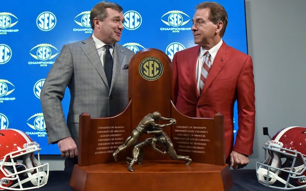 Georgia's Kirby Smart and Alabama's Nick Saban prior to the 2018 SEC Championship game in Atlanta.