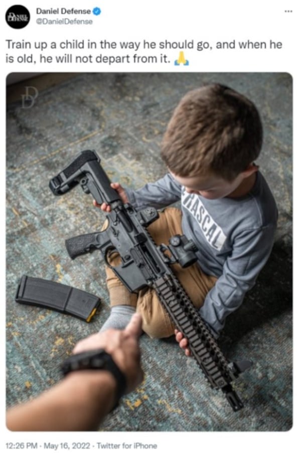 Georgia gunmaker Daniel Defense is facing a lawsuit that criticizes how it has advertised its rifles, one of which was used in the mass shooting in Uvalde, Texas, in 2022. The company has denied the allegations and asked a judge to dismiss the complaint. The lawsuit says Daniel Defense removed this social media ad after the Uvalde massacre, which killed 19 fourth graders and two teachers. (Courtesy)