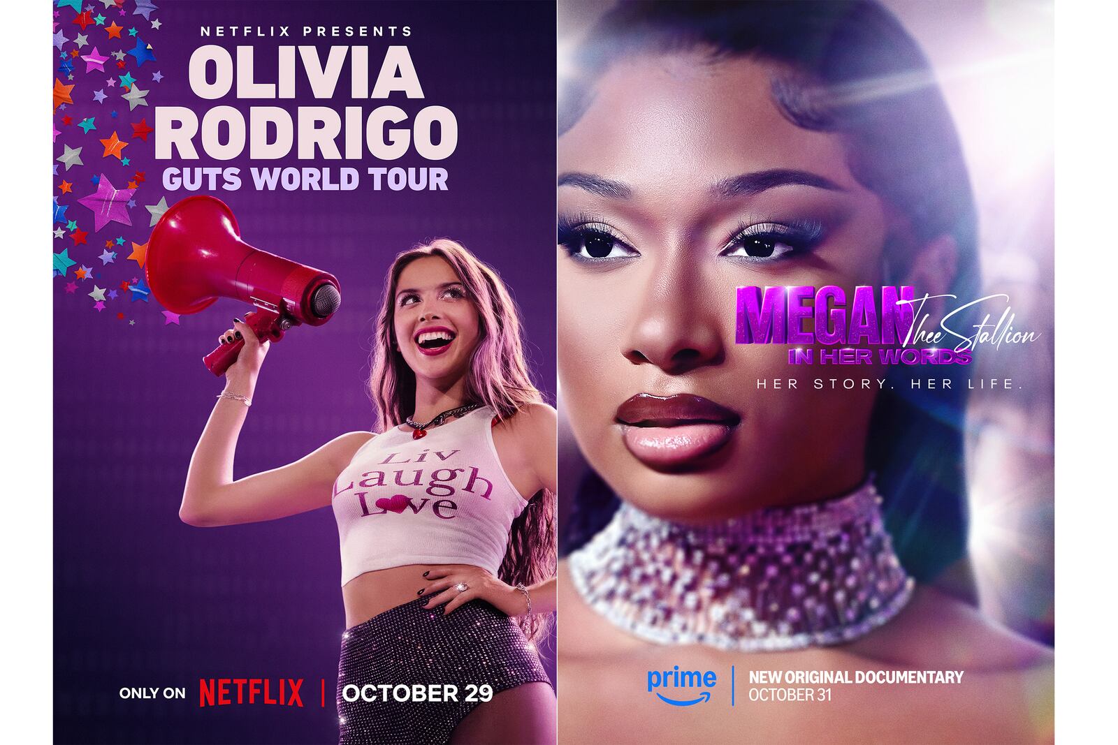 This combination of images shows promotional art for the concert film "Olivia Rodrigo: Guts World Tour," left, and the documentary "Megan Thee Stallion: In Her Words." (Netflix via AP, left, and Prime via AP)