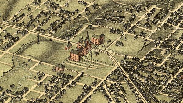 This is a detail from a "Bird's Eye View of Atlanta" map from 1892. The location of Atlanta University can be seen next to the number "18" -- a complex of three buildings, including Stone (Fountain) Hall, on both sides of West Hunter Street (today's MLK Jr. Drive). Atlanta University would vacate these buildings and allow Morris Brown College to move here in 1932. (Library of Congress, Geography and Map Division)