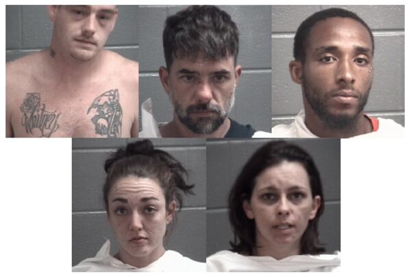 Top row, left to right: Christopher Brown, Nicholas Hill and Benquavious Paige. Bottom row, left to right: Ashley Reece and Crystal Wynn. Mugshots for Angela Beckom and Taylor Whitney were not available.