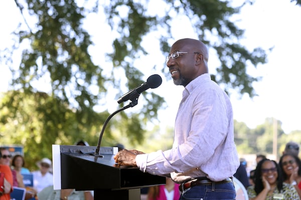 Democratic U.S. Senator Raphael Warnock speaks to supporters during a campaign stop at the Cobb County Civic Center on Wednesday, August 31, 2022, in Marietta, Ga.. (Jason Getz / Jason.Getz@ajc.com)