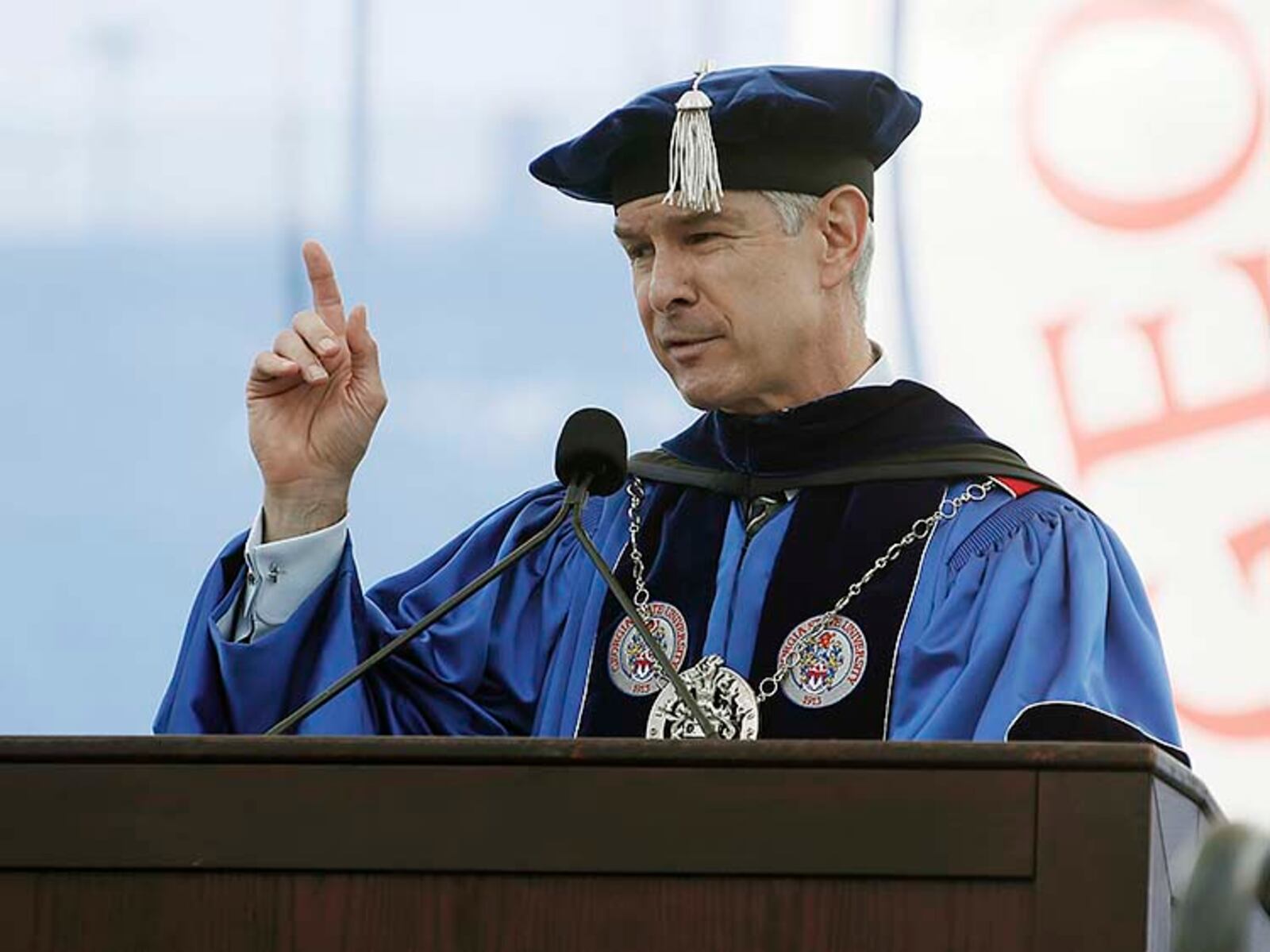 May 9, 2019  - Atlanta - Georgia State President Mark Becker addresses the graduates to begin the ceremony. Bob Andres / bandres@ajc.com