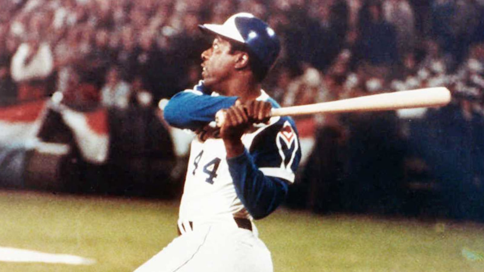 Hank Aaron connects on career home run No. 715 to break Babe Ruth's record.