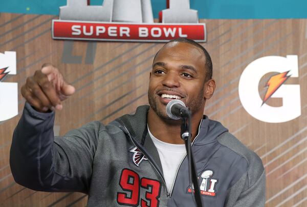 Dwight Freeney of the Falcons takes a question on Super Bowl Opening Night on Monday, Jan. 30, 2017, at Minute Maid Park in Houston. Curtis Compton/ccompton@ajc.com