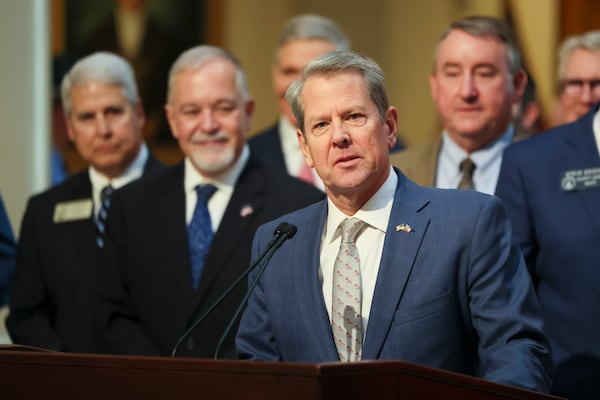 Gov. Brian Kemp outlines his education priorities on the first day of the legislative session at the Capitol in Atlanta on Monday.