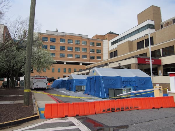 Tents are set up behind Wellstar Kennestone Hospital in Marietta. Photos: Jennifer Brett, jbrett@ajc.com