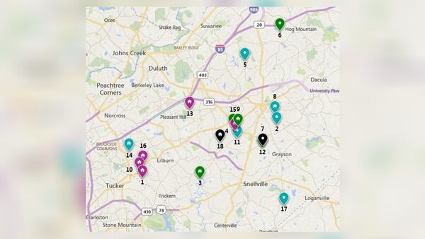 This map shows the 18 homes that were part of a massive drug sting in Gwinnett County on Wednesday. (Credit: Lawrenceville Police Department)